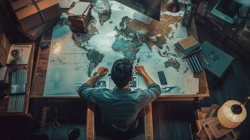 alt="A person is looking at a world map"